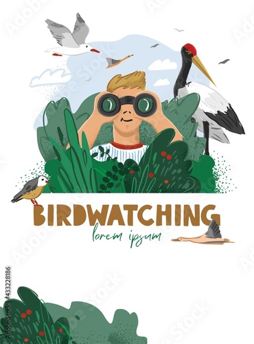 Man sits in pieces, looks through binoculars at the birds. Person observes and studies wildlife. Birdwatching and outdoor hobbies. Background with eco-activities and copyspase. Vector illustration