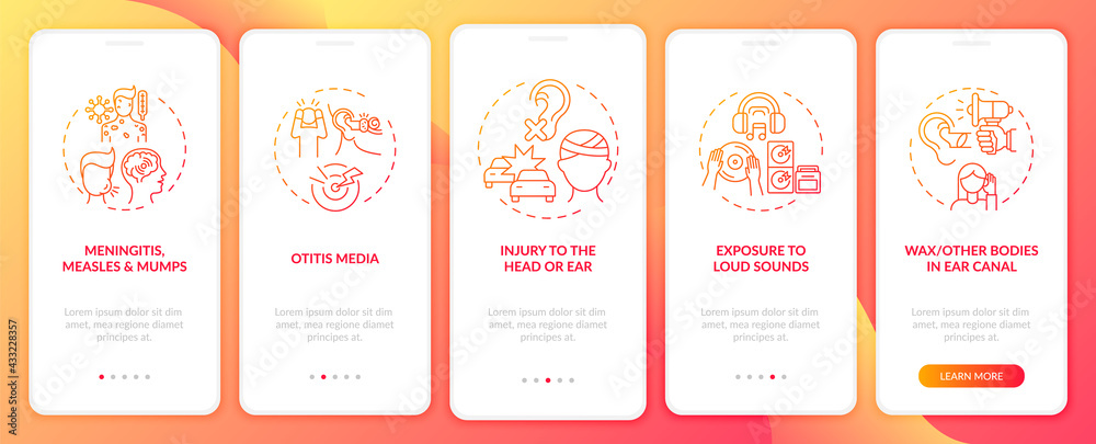 Developed hearing disorder onboarding mobile app page screen with concepts. Injury to head, ear walkthrough 5 steps graphic instructions. UI, UX, GUI vector template with linear color illustrations