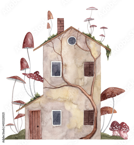 Abandoned house facade. Overgrown fungi on building wall. Watercolor illustration