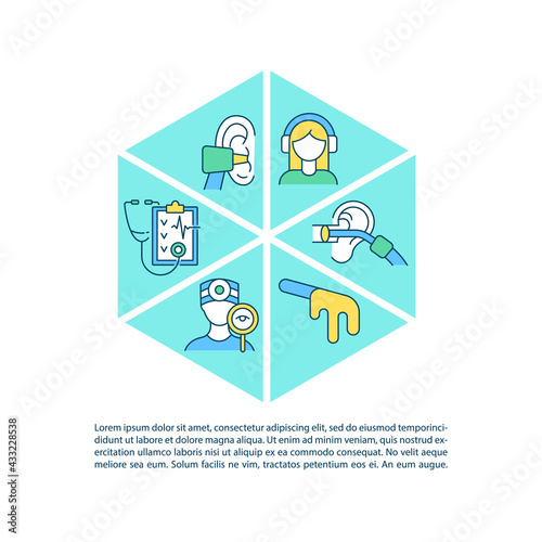 Clinical ear examination concept line icons with text. PPT page vector template with copy space. Brochure, magazine, newsletter design element. Abnormalities detection linear illustrations on white photo