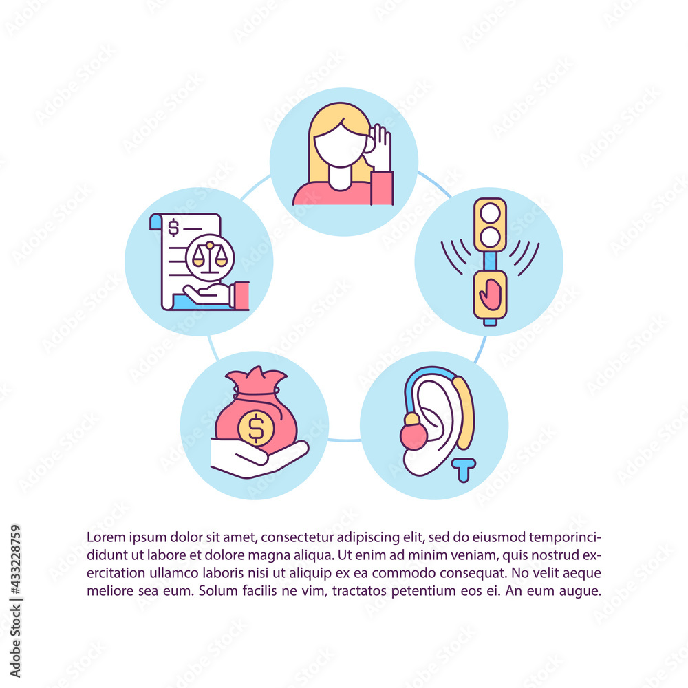 Societal costs concept line icons with text. PPT page vector template with copy space. Brochure, magazine, newsletter design element. Unemployment among deaf people linear illustrations on white Societal costs concept line icons with text. PPT page vector template with copy space. Brochure, magazine, newsletter design element. Unemployment among deaf people linear illustrations on white