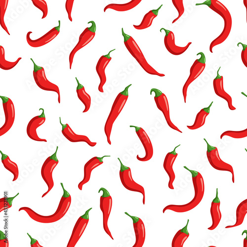 Seamless pattern of red hot chili peppers on white. Vector illustration.