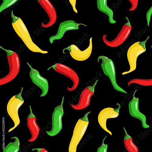 Seamless pattern of multicolored hot chili peppers. Vector illustration.