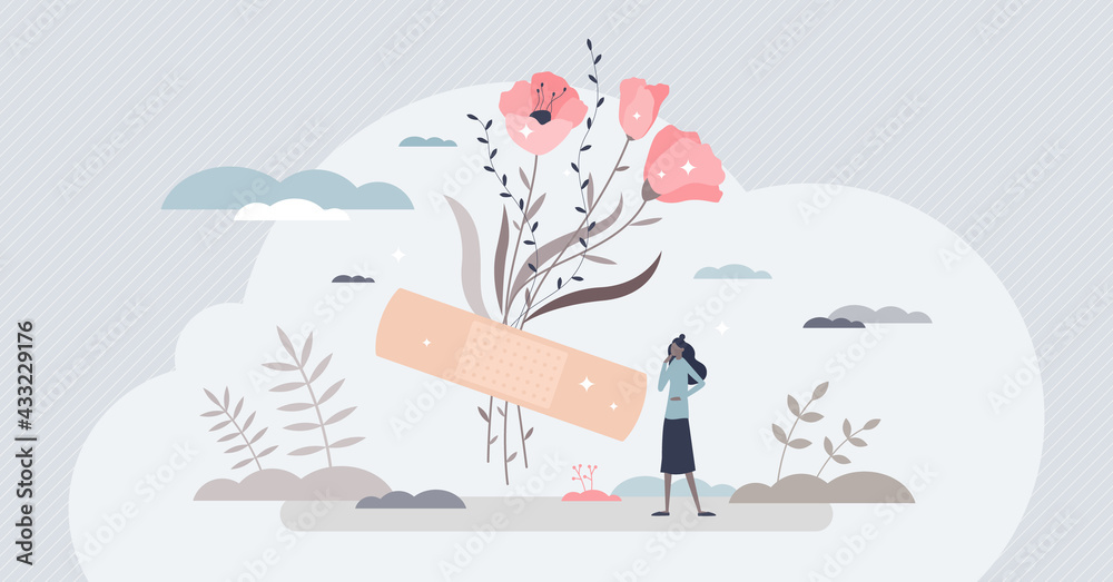 Emotional cure and psychological feeling treatment help tiny person concept. Relationship problem or personal trouble solution with symbolic band aid on bouquet vector illustration. Unhappy female.
