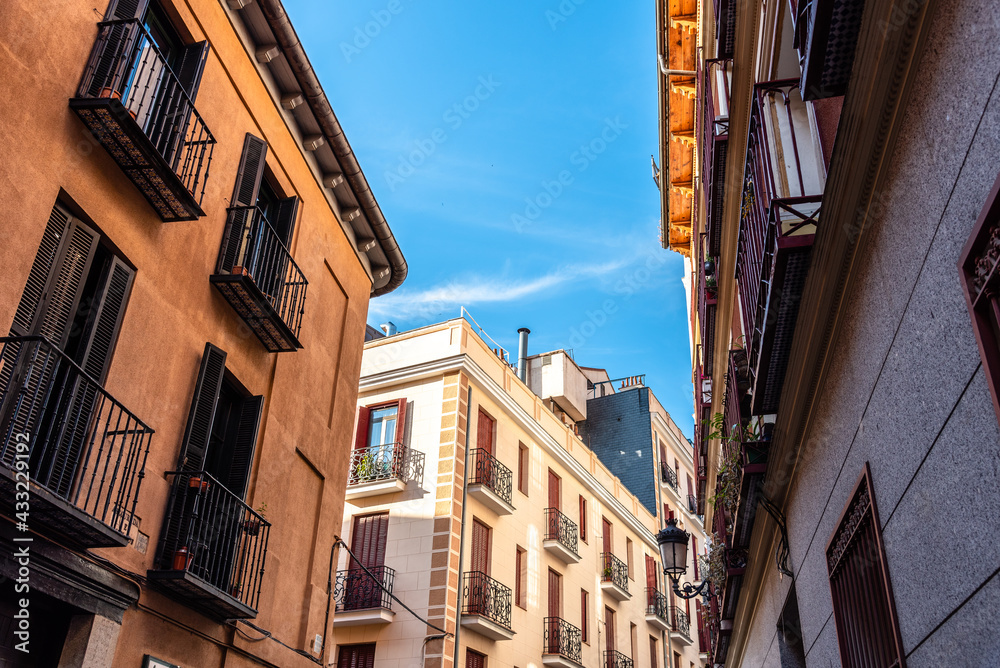 Traditional residential buildings in the quarter of Las Letras in Central Madrid, Spain