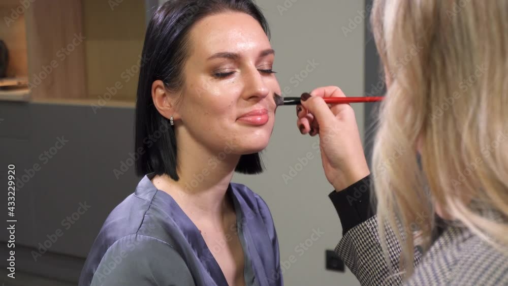 makeup close-up. powder the nose with a brush. makeup artist applying makeup to a beautiful young woman makeup close-up. powder the nose with a brush. makeup artist applying makeup to a beautiful young woman