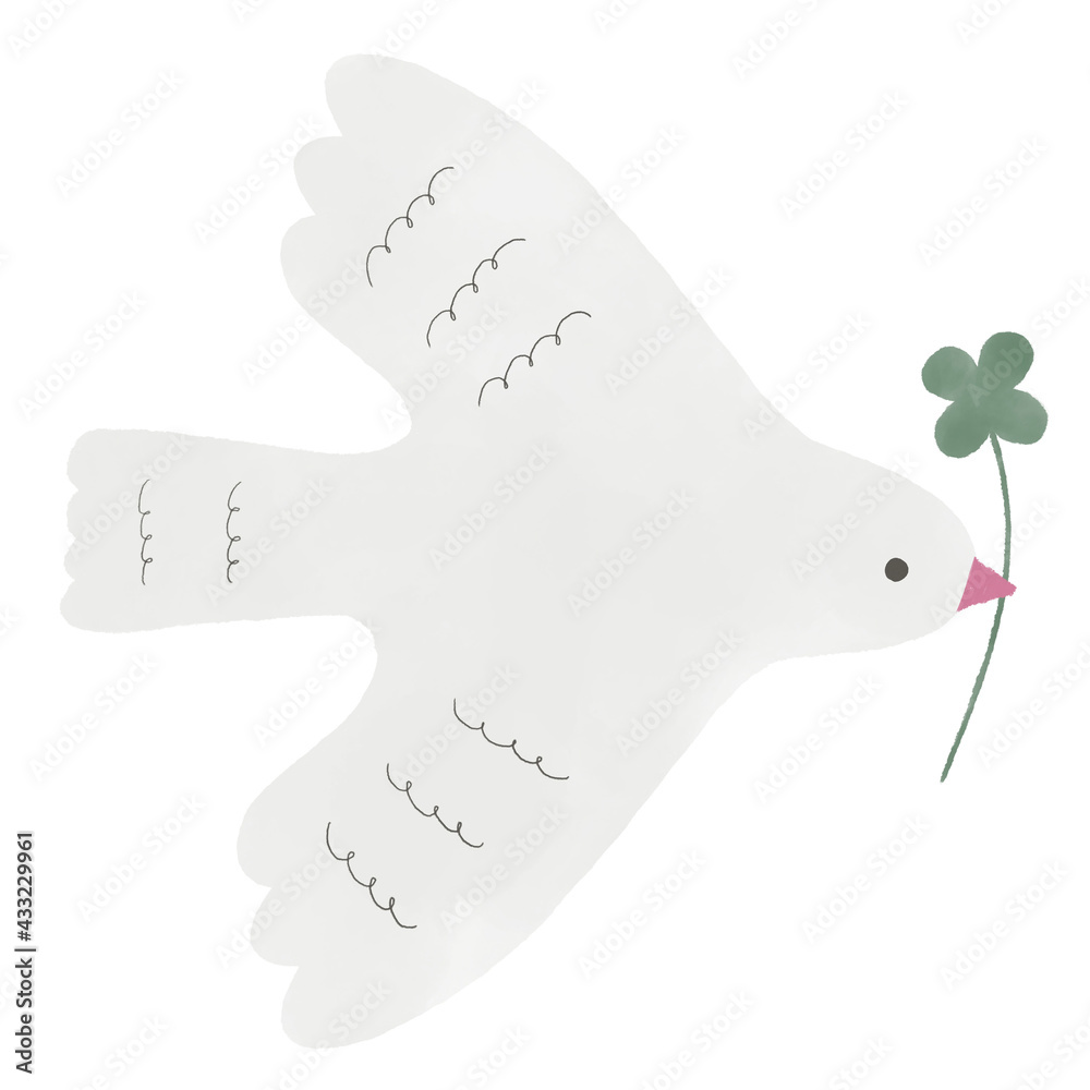 四つ葉のクローバーをくわえた白い鳩の手描きイラスト Stock Illustration Adobe Stock