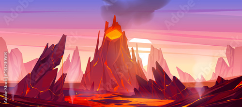 Volcanic eruption illustration. Volcano erupts with hot lava, fire and clouds of smoke, ash and gases. Vector cartoon landscape with rocks, mountain with crater and flow magma at sunset photo