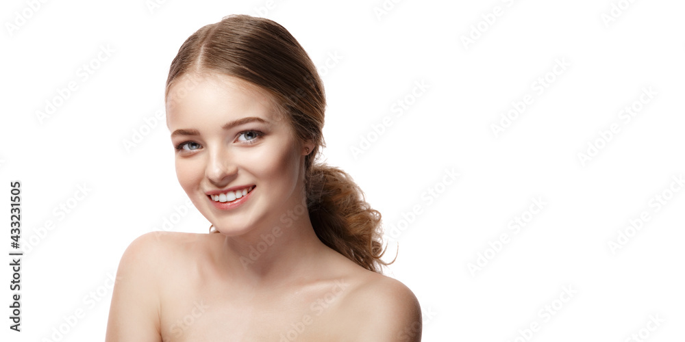 Beautiful young woman with clean fresh skin on white background, Face care, Facial treatment, Cosmetology, beauty and spa, women portrait Beautiful young woman with clean fresh skin on white background, Face care, Facial treatment, Cosmetology, beauty and spa, women portrait