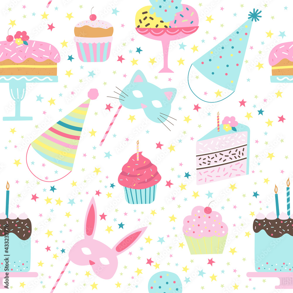 Birthday seamless pattern with various party elements. Background with cakes, cupcakes, ice cream, caps, animal masks on steaks. Vector illustration.  