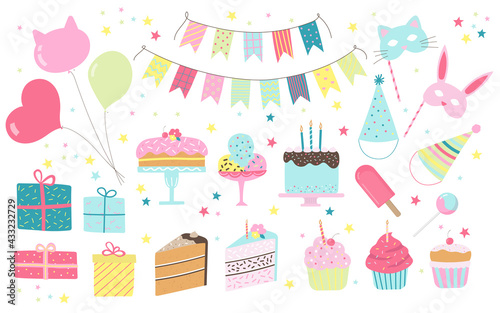Set of birthday party decorative items. Hand drawn vector elements for celebration such as balloons  cakes  cupcakes  caps  garland  masks  gifts. Illustration in flat style.