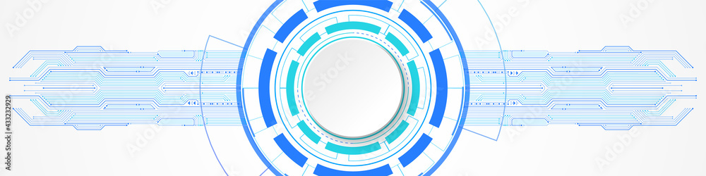 Abstract Technology Background, white circle banner on blue digital circle and circuit board Abstract Technology Background, white circle banner on blue digital circle and circuit board