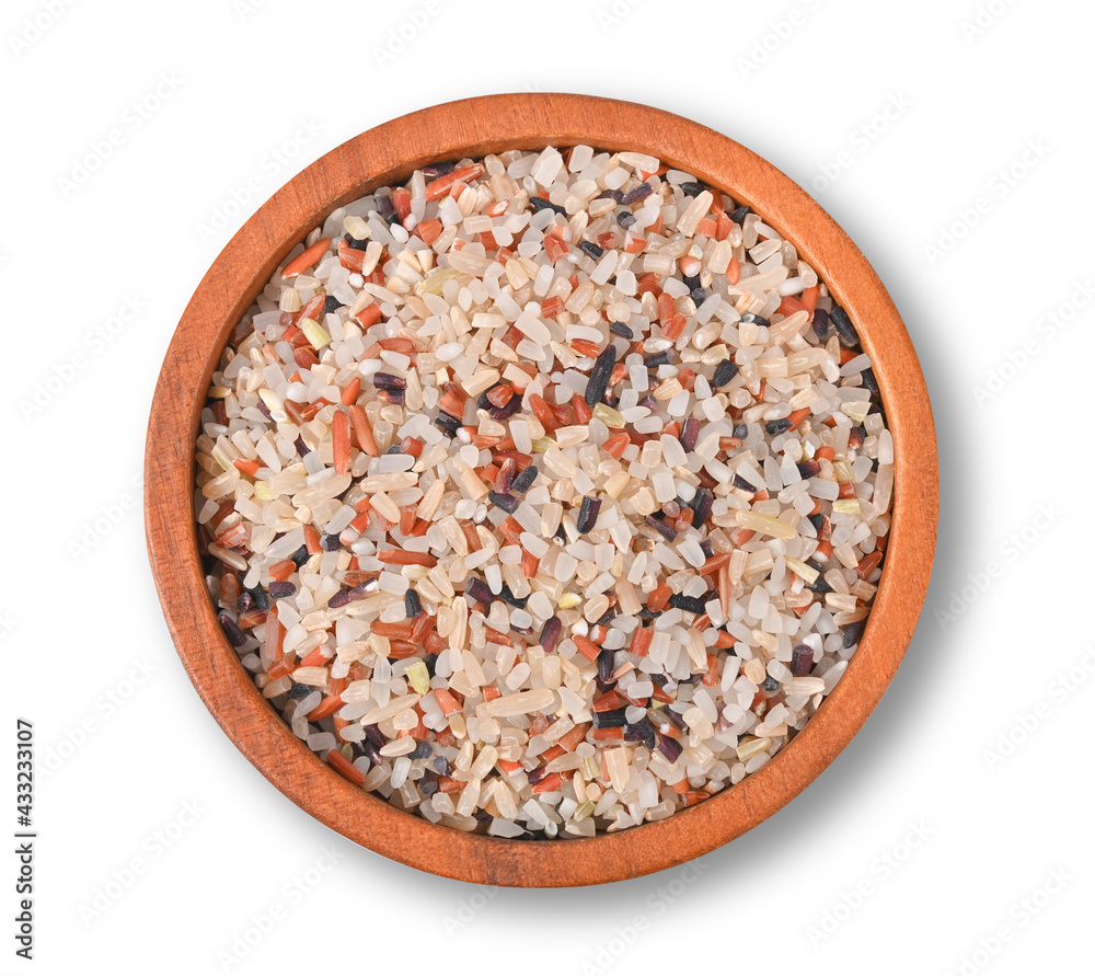 Cereal germ, red rice and Riceberry in wooden bowl isolated on white background. Top view Cereal germ, red rice and Riceberry in wooden bowl isolated on white background. Top view