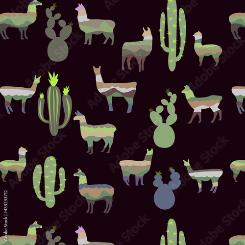 Silhouettes of llamas and various cacti on a dark background.