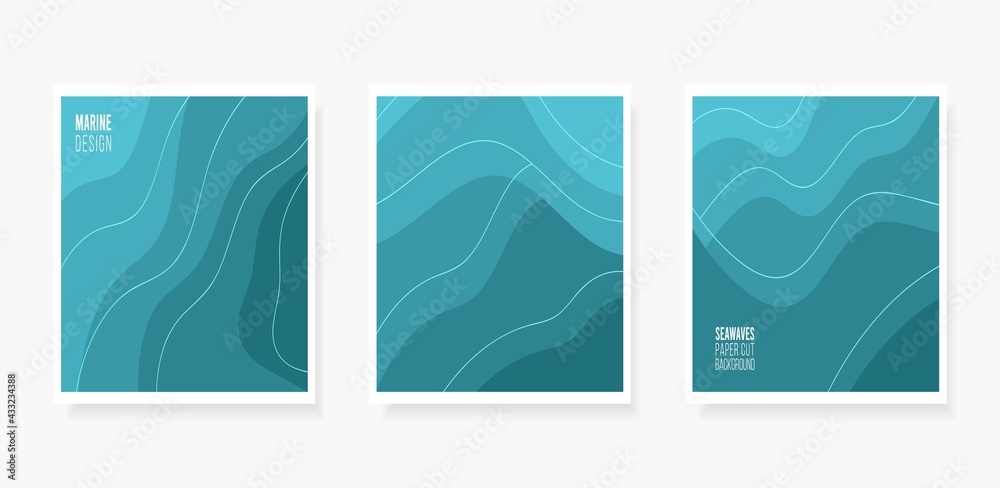 Paper cut Abstract art background 3d layer blue color sea waves, ocean ...