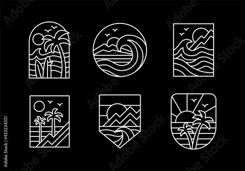 Set of line style vector surfing badges. For t-shirt prints, posters and other uses.