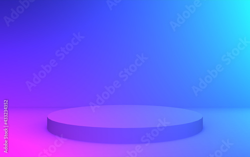 3d purple blue neon light cylinder podium minimal studio gradient dark colors background. Abstract 3d geometric shape object illustration render. Display for nightclub party and technology product.