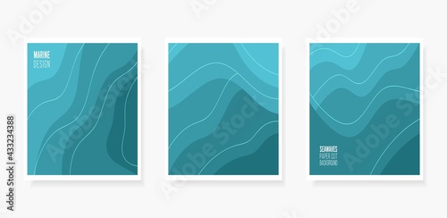 Paper cut Abstract art background 3d layer blue color sea waves, ocean water,river,lake.Template marine texture with wavy lines pattern.Vector cover,flyer,textile print,banner, poster,card,wallpaper