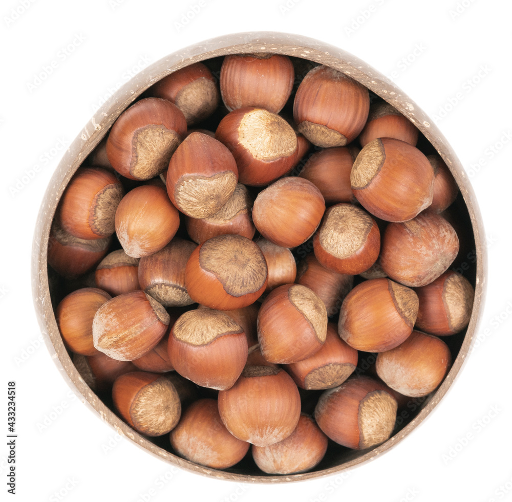 Unpeeled hazelnuts in a cup isolated on white background. hazelnuts in shell Unpeeled hazelnuts in a cup isolated on white background. hazelnuts in shell