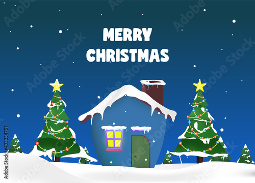 Flat snowy Christmas landscape at night. a house and christmas tree 