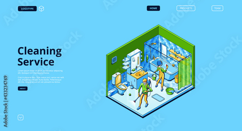 Cleaning service website with cleaners in bathroom. Professional household work, wash and disinfect. Vector landing page with isometric people with spray and sponge in home bathroom