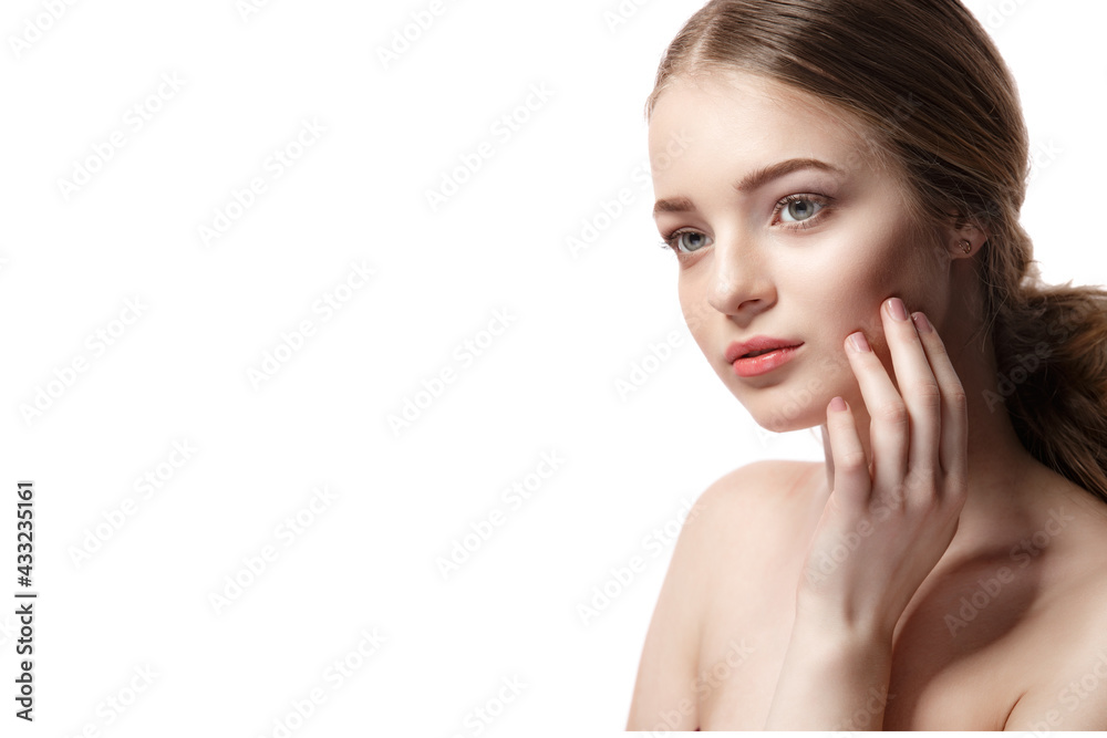 Beautiful young woman with clean fresh skin on white background, Face care, Facial treatment, Cosmetology, beauty and spa, women portrait Beautiful young woman with clean fresh skin on white background, Face care, Facial treatment, Cosmetology, beauty and spa, women portrait