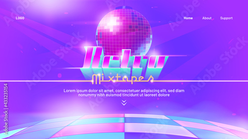Retro mixtape banner with dance floor and disco ball. Club party with music of 80s and 90s. Vector landing page with cartoon illustration of nightclub checkered stage illuminated by spotlights