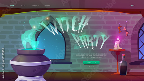 Witch party banner with magic potion boiling in cauldron at night. Vector landing page of Halloween party with cartoon interior of wizard or sorceress room in medieval castle or stone house