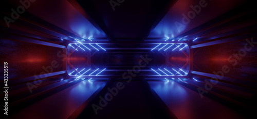 Alien Glowing Neon Laser Red Blue Lights Beams Sci Fi Futuristic Spaceship Corridor Tunnel Warehouse Cyber Virtual 3D Rendering