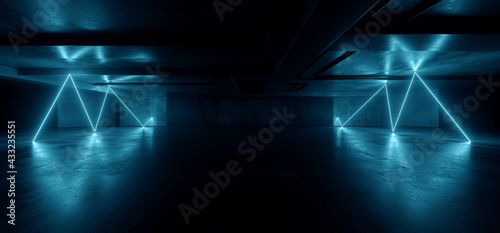 Fototapeta Naklejka Na Ścianę i Meble -  Neon Warehouse Sci Fi Futuristic Grunge Blue Glowing Laser Electric Concrete Hallway Hangar Showroom Corridor Club Dark Tunnel Realistic Background Beams 3D Rendering