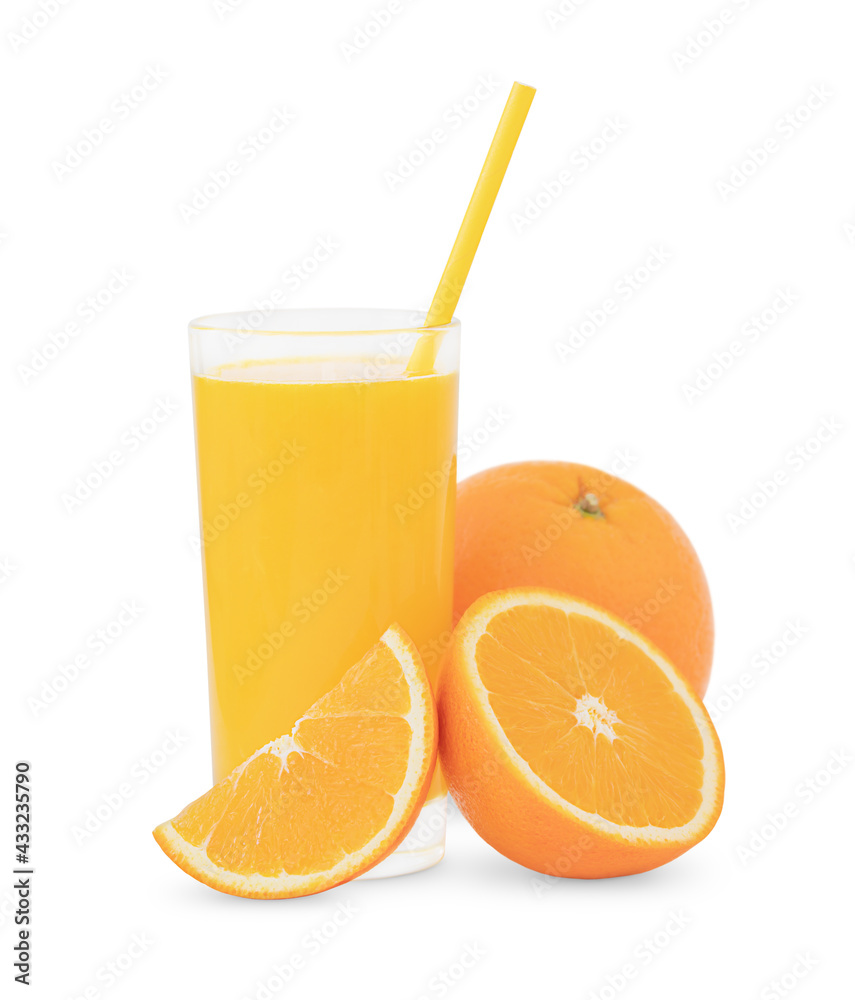 The glass of orange juice and oranges isolated on white background
The glass of orange juice and oranges isolated on white background