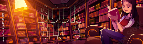 Book club cartoon banner, young woman reading in library at night time. Thoughtful girl in dark room with bookcases around. Online application or service for readers fun, vector header.