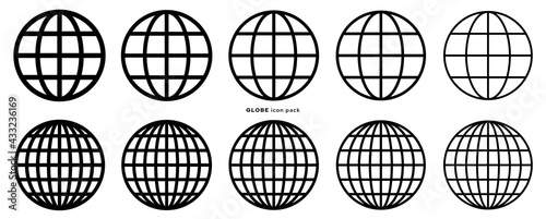 Globe icon set. Web globe flat linear icons. Silhouette of the globe with meridians. Vector elements.