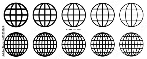 Globe icon set. Web globe flat linear icons. Silhouette of the globe with meridians. Vector elements.