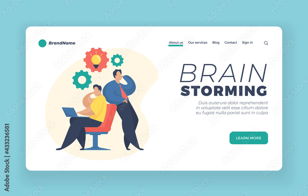 Brain storming landing page website banner template. Two businessmen sharing thoughts and ideas. Brainstorm and teamwork concept. People solving problem together. Flat style vector illustration Brain storming landing page website banner template. Two businessmen sharing thoughts and ideas. Brainstorm and teamwork concept. People solving problem together. Flat style vector illustration