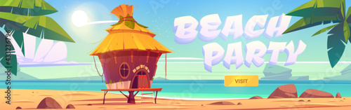 Beach party landing page with bungalow on background of sea. Vector banner of summer party on ocean shore with cartoon illustration of resort wooden house and palm trees