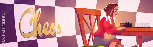 Chess club landing page, young girl playing board game moving figures on chessboard during training or competition, woman play on intelligence tournament, thinking next move, Cartoon vector web banner