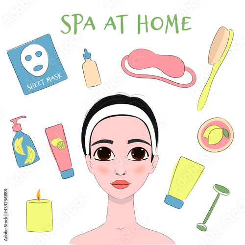 Spa at Home. Pretty woman with cosmetic products 