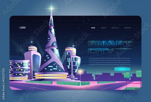 Smart city cartoon landing page, futuristic glass buildings of unusual shapes along empty road at night. Modern neon glowing architecture towers or skyscrapers. Alien urban dwellings vector web banner