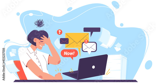 Flat sad girl in depression feel anxiety, headache, tiredness. Businesswoman with laptop sits at workplace and answers letters, messages. A lot of work, overworked, stress or office routine concept.
