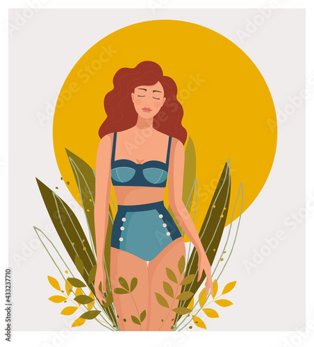 Vacation summertime mood, feminine concept illustration, beautiful women in bikini with green leaves and the sun. Flat style vector design.