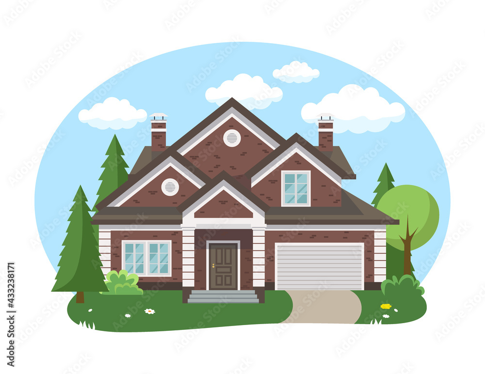 Naklejka premium Cartoon house exterior with blue clouded sky Front Home Architecture Concept Flat Design Style. Vector illustration of Facade Building