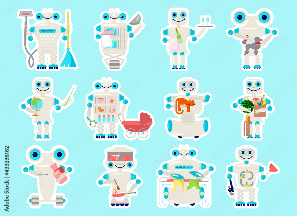 Cute sticky labels decorated with robot assistant