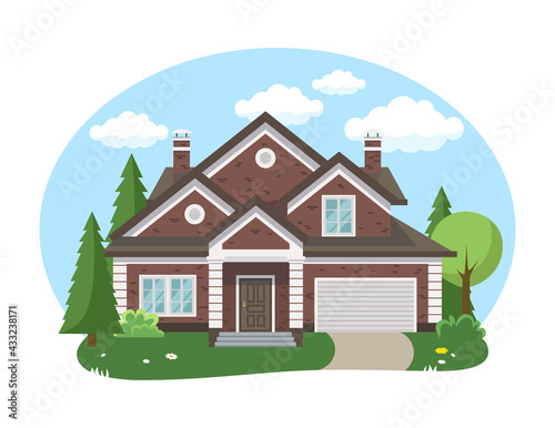 Cartoon house exterior with blue clouded sky Front Home Architecture Concept Flat Design Style. Vector illustration of Facade Building