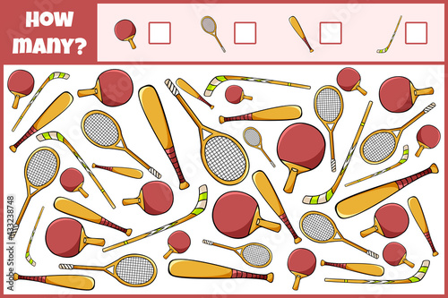 Educational mathematical game. Count the number of sport equipment. Count how many 
sport equipment. Counting game for children.