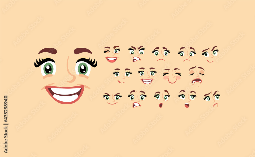 Female abstract cartoon face expression variations, emotions collection set, vector illustration Female abstract cartoon face expression variations, emotions collection set, vector illustration