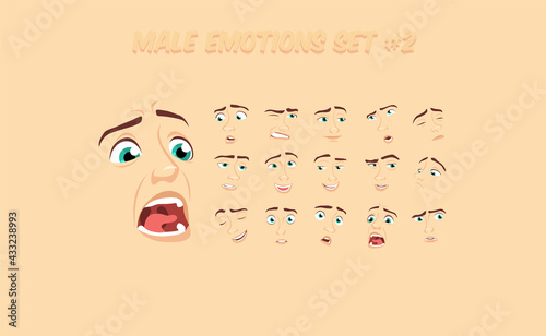Male abstract cartoon face expression variations, emotions collection set #2, vector illustration