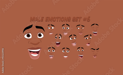African American Male abstract cartoon face expression variations, emotions collection set #6, vector illustration