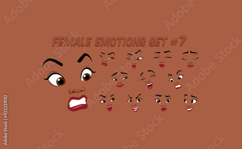 African Female abstract cartoon face expression variations, emotions collection set #7, vector illustration