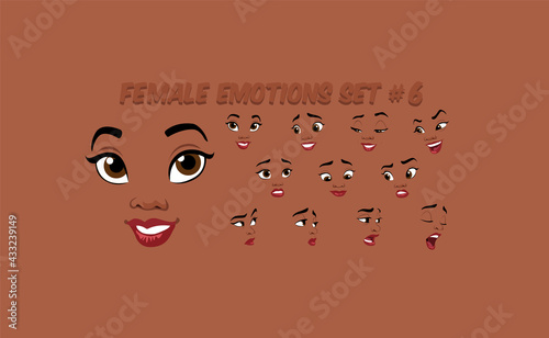 African Female abstract cartoon face expression variations, emotions collection set #6, vector illustration